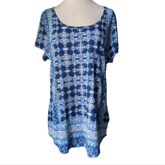 LUCKY BRAND Geo Print Border Tee 1X Persian Rug Boho Blue White T-shirt - Picture 1 of 7